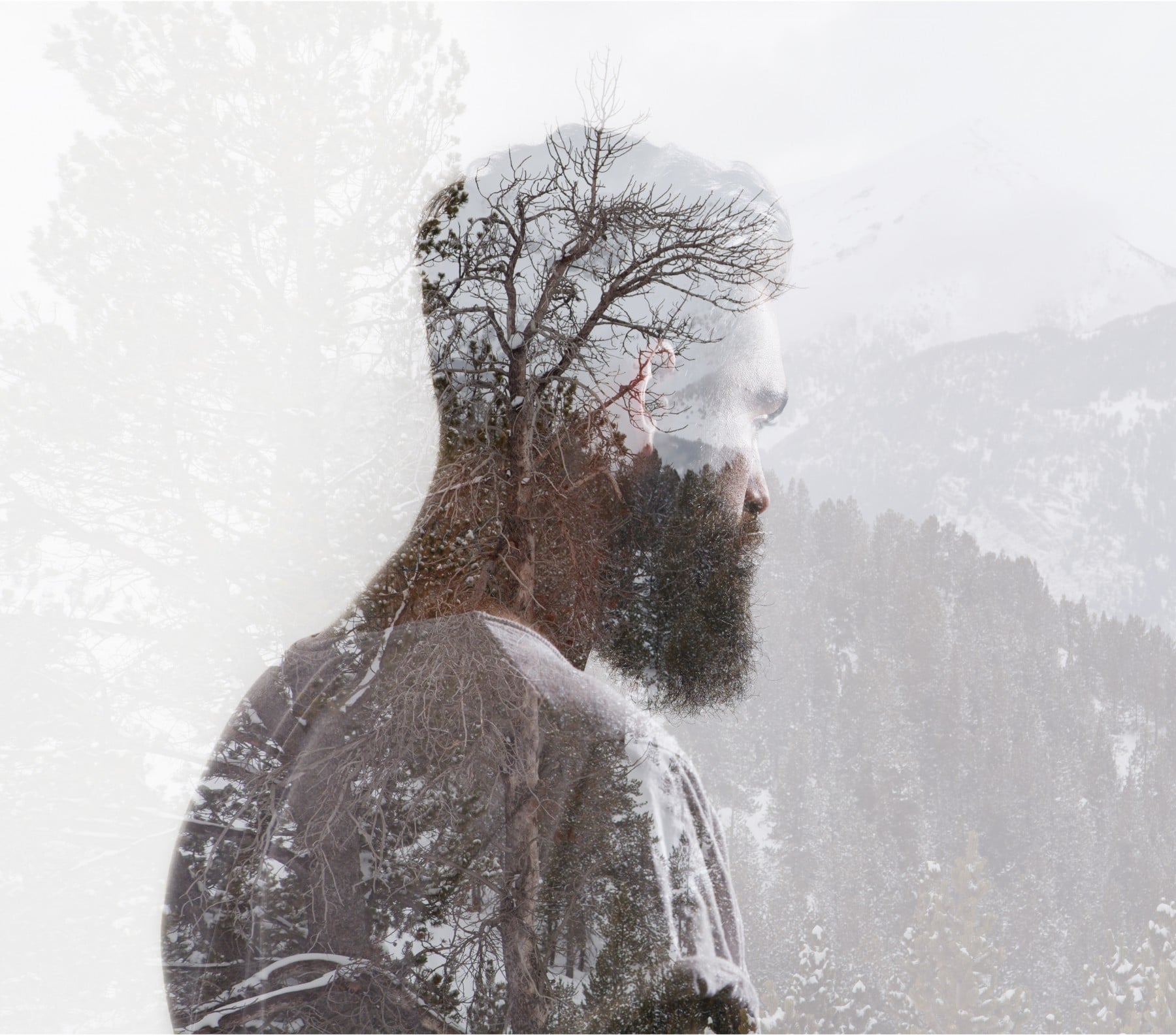Double color exposure portrait of a bearded guy and tree